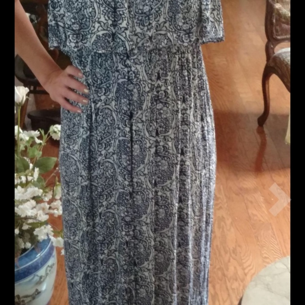 Blue and white strapless maxi dress